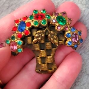 Vintage 20s Edwardian Goldtone Floral Multicolor Woven Basket Brooch